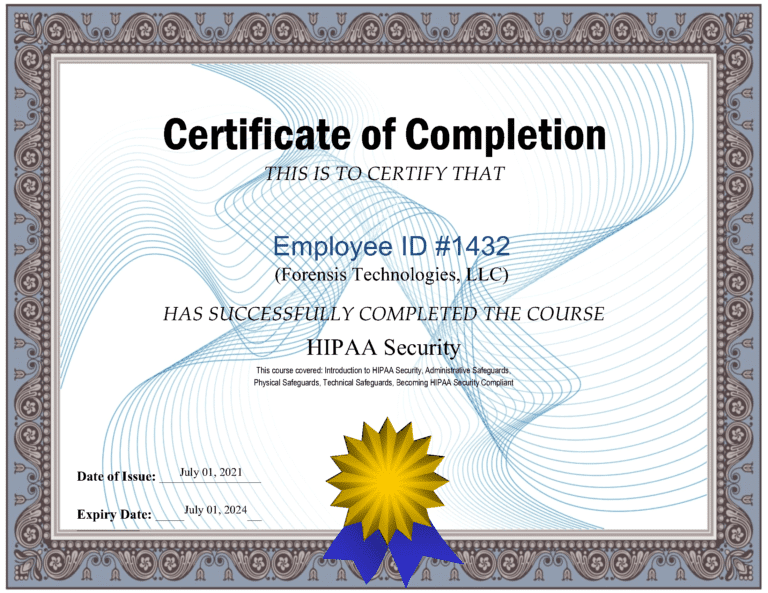 Certificate of Completion for HIPAA security rules