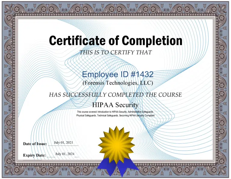 Certificate of Completion for HIPAA security rules